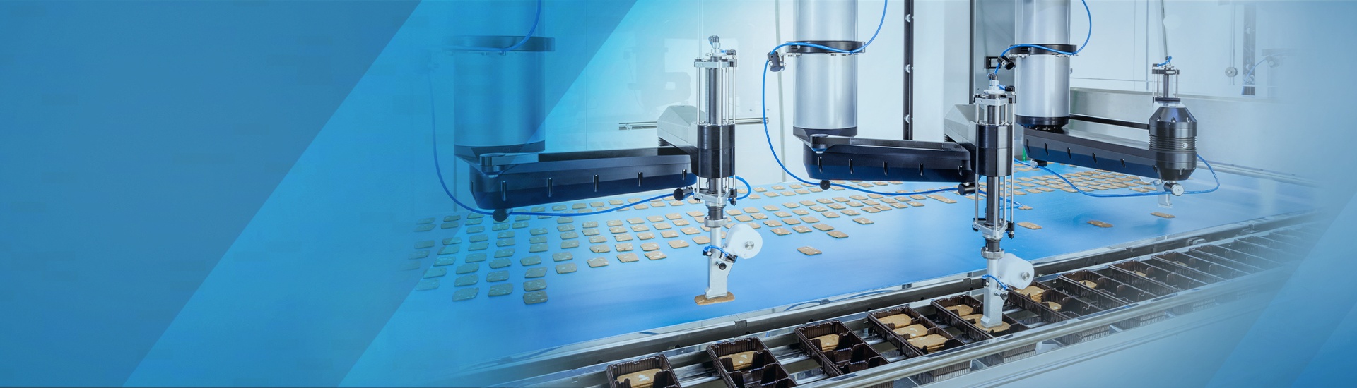 A pick & place machine from Schubert packs wafer-thin biscuits into trays.